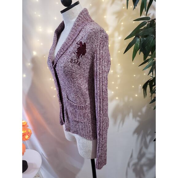 Polo Shawl Neck Embroidered Ribbed Burgundy Knit Cardigan Sweater Women's Size S - Picture 3 of 10